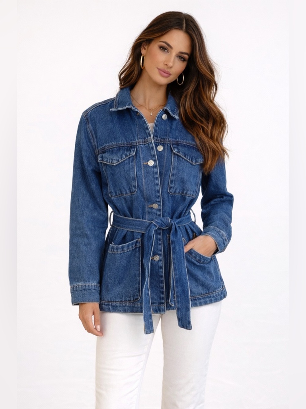 Industry Medium Wash Denim Shirt Jacket Tie Waist Utility Shacket M